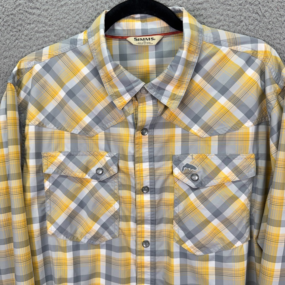 Simms Shirt Mens L Gray Yellow Plaid Button Up Pearl Snap Fishing Outdoor Cowboy